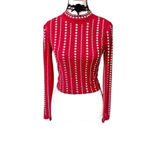 Y2K VTG. RED MESH STUDDED EMBELLISHED SHEER BLOUSE SMALL EUC.